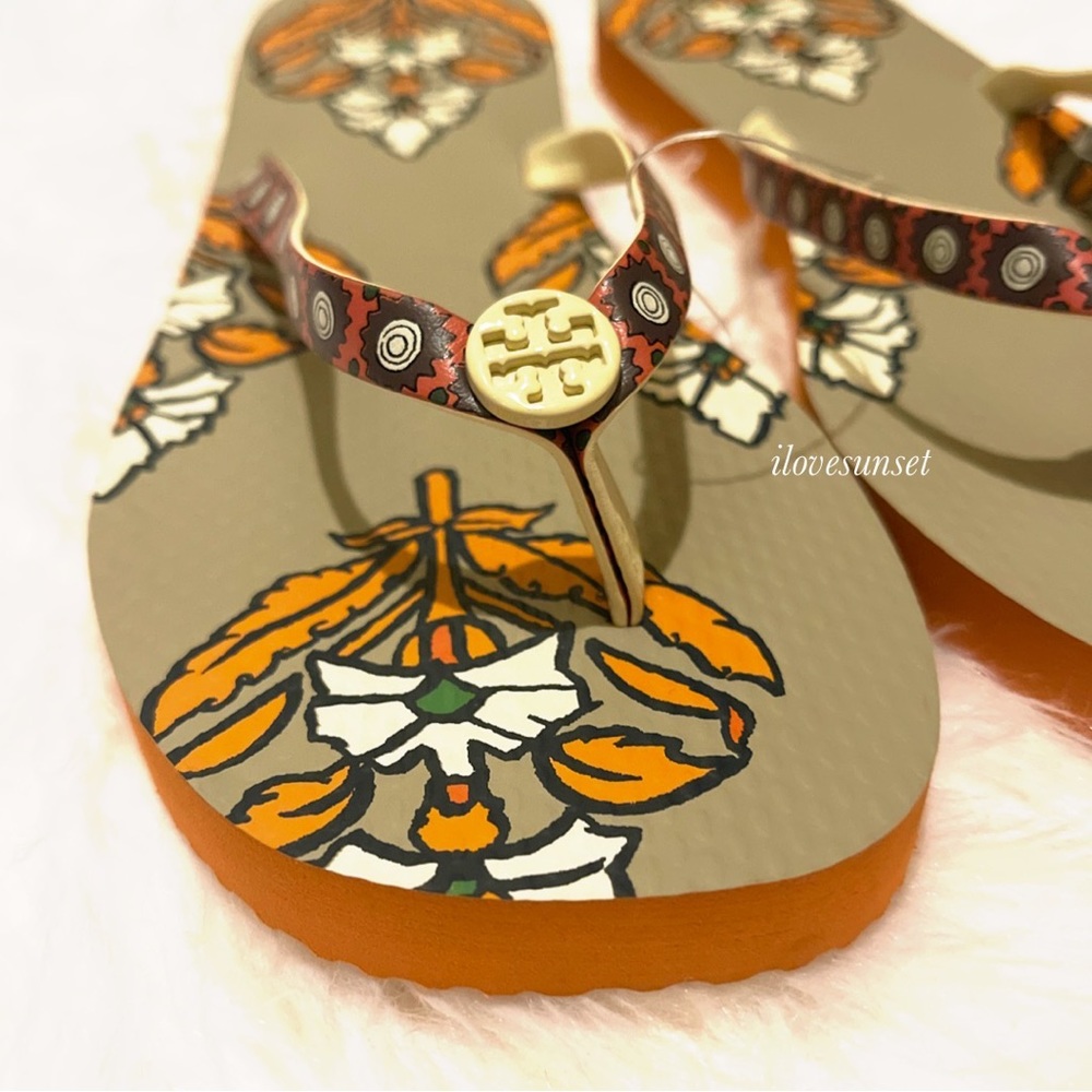 {Tory Burch} Orange Floral Flat Flip Flops with Leather Straps - Ivory Logo - Picture 5 of 7